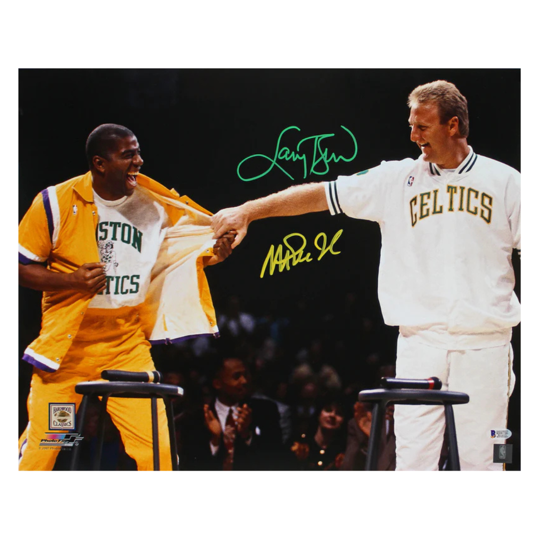 Magic Johnson & Larry Bird Dual Signed Basketball Print Size 16″ x 20″ with Beckett Witness